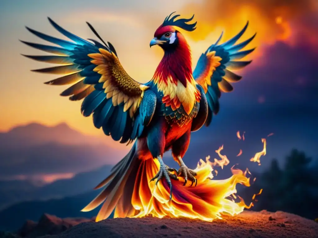 El Fénix en la Cultura Pop: Majestuoso ave renaciendo de las llamas al atardecer, con plumas brillantes en tonos de rojo, dorado y naranja