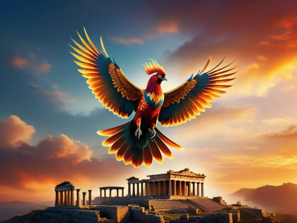 Un fénix majestuoso surcando el cielo al atardecer sobre ruinas antiguas, transmitiendo enseñanzas criaturas mitológicas