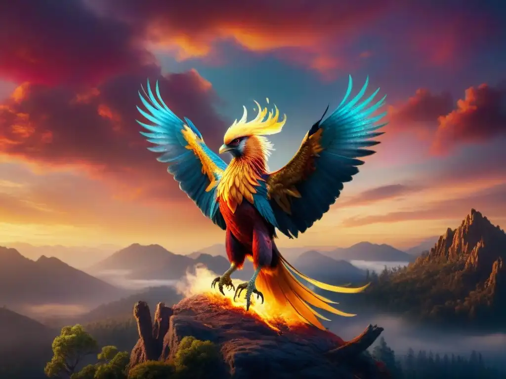 Fénix dorado surcando un cielo en llamas Un fénix majestuoso surcando un cielo vibrante y ardiente, sus plumas brillando con tonos dorados contra un atardecer carmesí