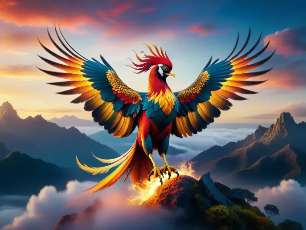 Un fénix majestuoso de plumas rojas y doradas surca el cielo crepuscular, desplegando sus alas en un baile de belleza mítica