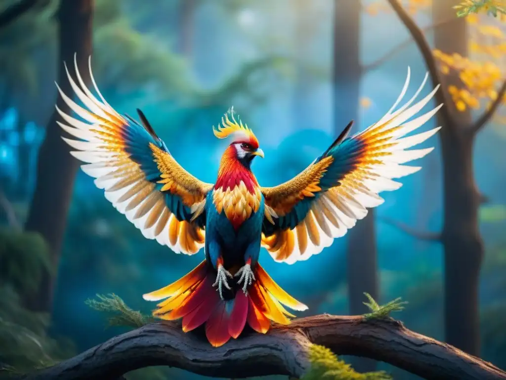 Un fénix majestuoso con plumas rojas y doradas, surca el cielo azul sobre un bosque místico