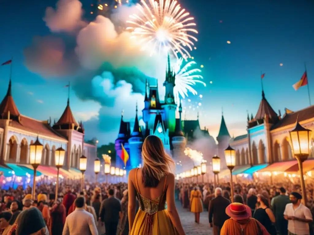 Un festival grandioso y mágico en un reino fantástico, con criaturas y fuegos artificiales