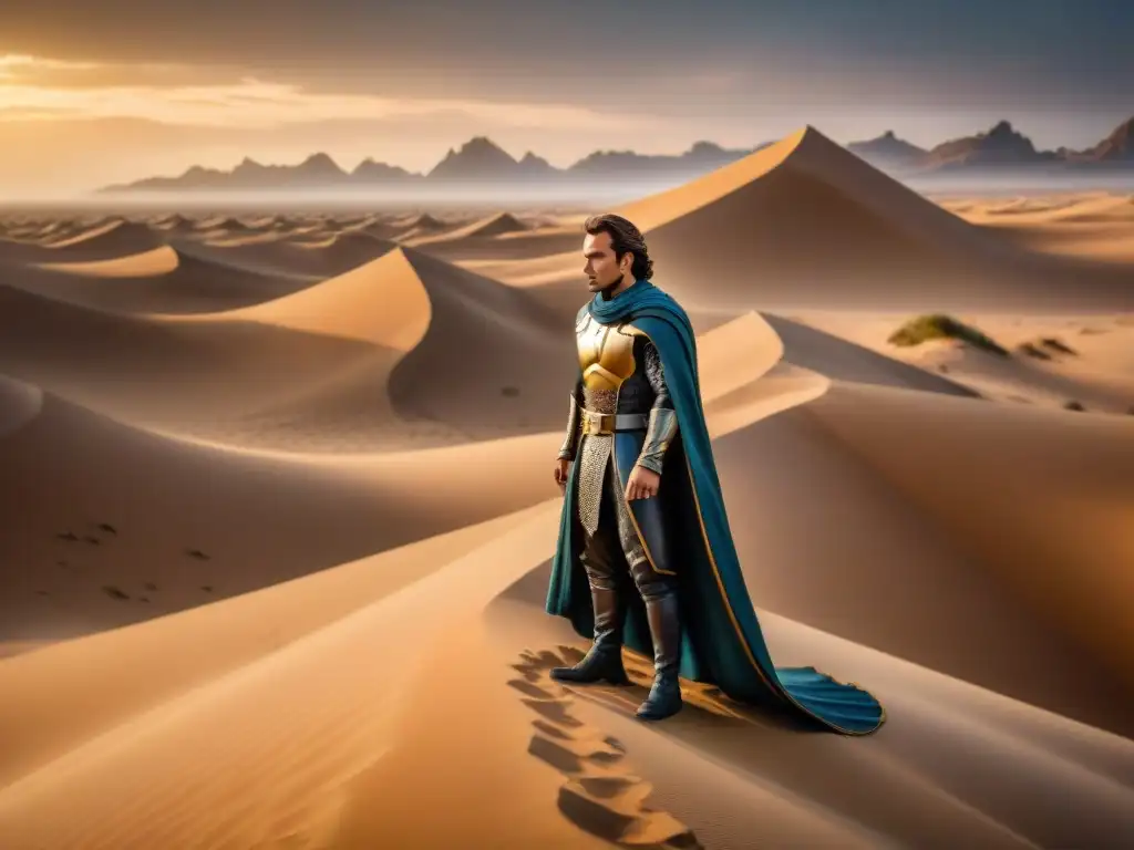 Figura de colección Dune mitología: Paul Atreides en el desierto de Arrakis al atardecer