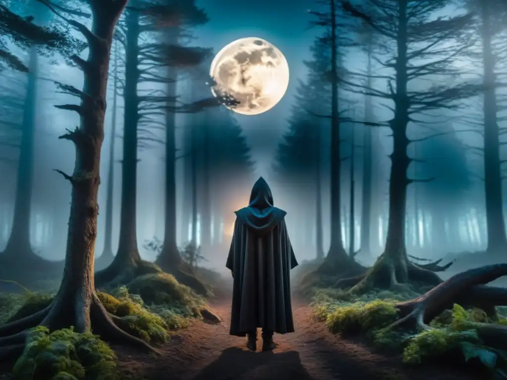 Una figura encapuchada en un bosque neblinoso de noche, con la luna llena iluminando árboles retorcidos y seres sombríos