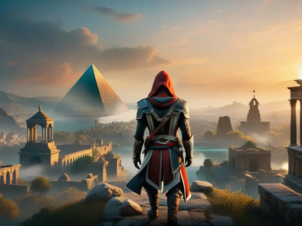 Figura encapuchada en ruinas antiguas al atardecer, evocando misterio y aventura en el universo de Orígenes y relevancia de Assassin's Creed