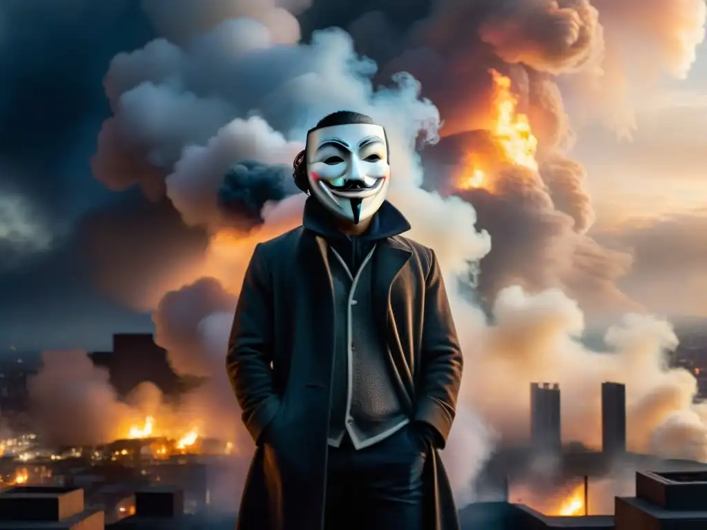 Figura enmascarada de V de Vendetta desafiante ante una ciudad distópica, rodeada de humo y fuego