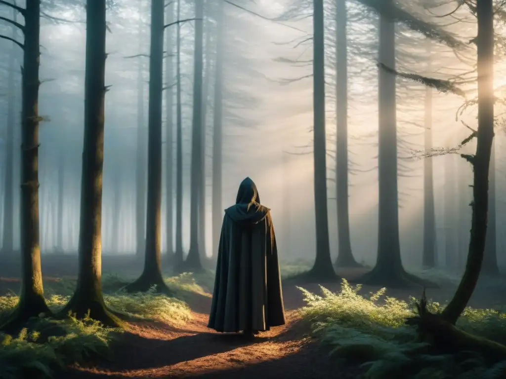 Invitación misteriosa: figura etérea en el bosque neblinoso Una figura etérea en el borde de un bosque neblinoso, con ojos brillantes bajo una capa