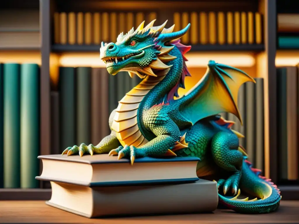 Una figura de dragón majestuosa sobre libros antiguos en una colección de figuras de fantasía coleccionables únicas