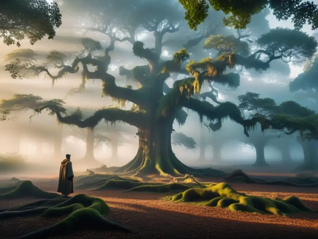 Figura misteriosa en bosque neblinoso al atardecer: escenario evocador de leyendas en universos ficticios