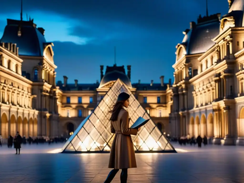 Misteriosa silueta en el Louvre bajo la luz de la luna Una figura misteriosa frente al Louvre de noche con un manuscrito antiguo, generando intriga y secreto