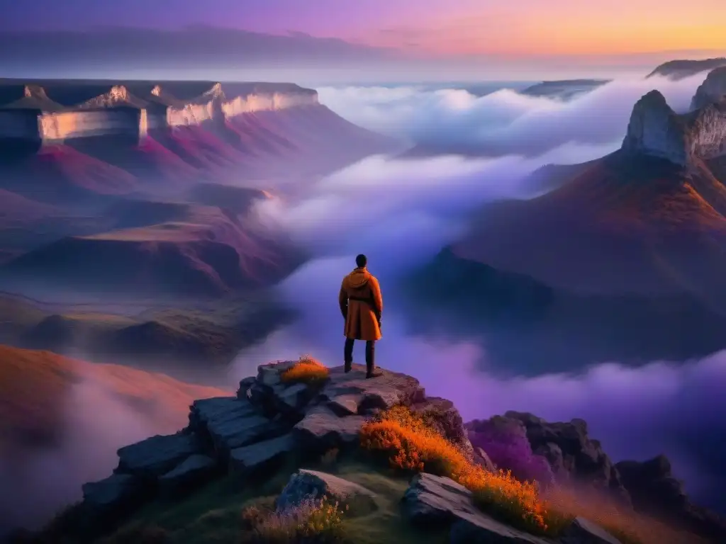 Figura solitaria en acantilado al atardecer, mirando paisaje místico