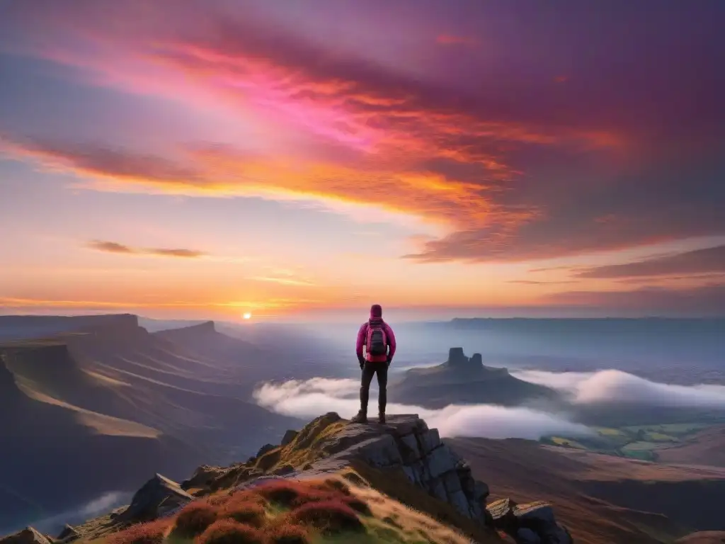 Figura solitaria contempla amanecer en paisaje épico