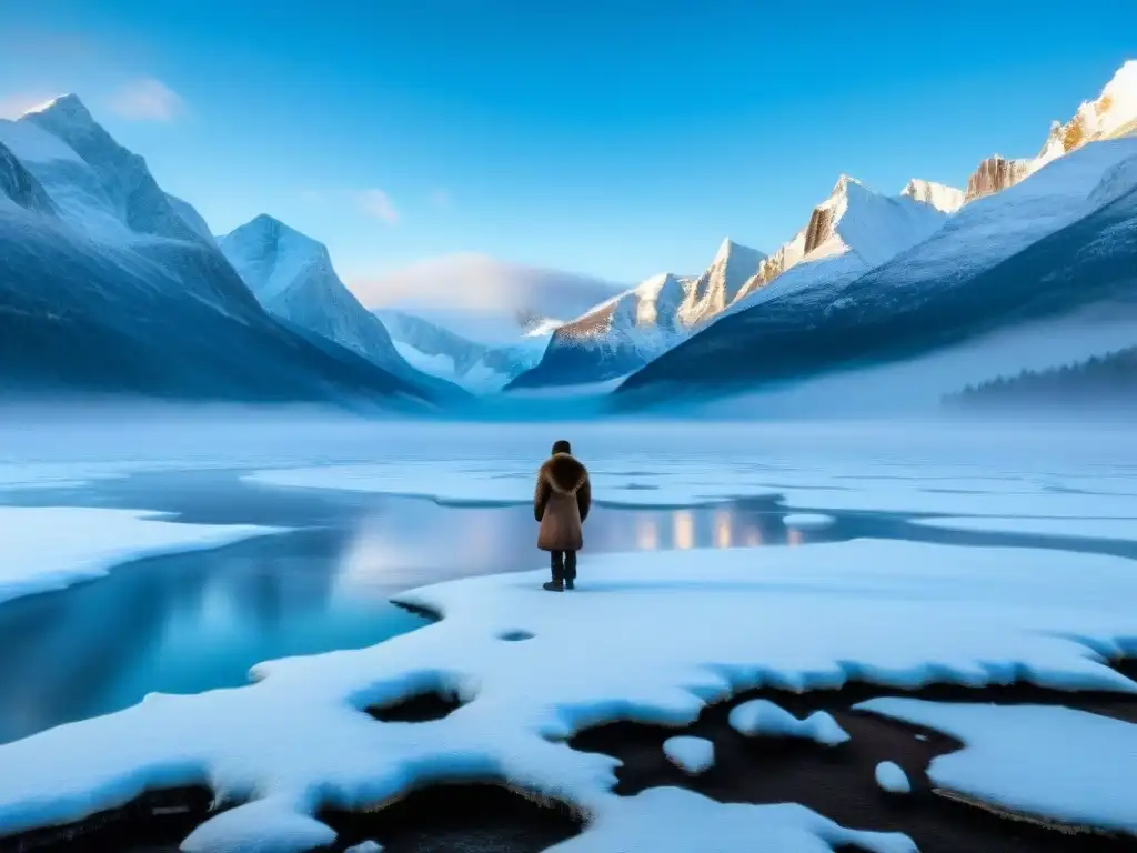 Figura solitaria en paisaje nevado con montañas, lago congelado y cielo azul