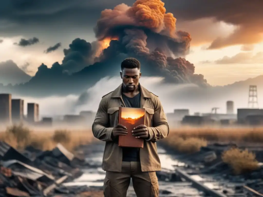 Una figura solitaria en un páramo desolado, sosteniendo un libro desgastado, bajo un cielo de tormenta y tonos naranjas