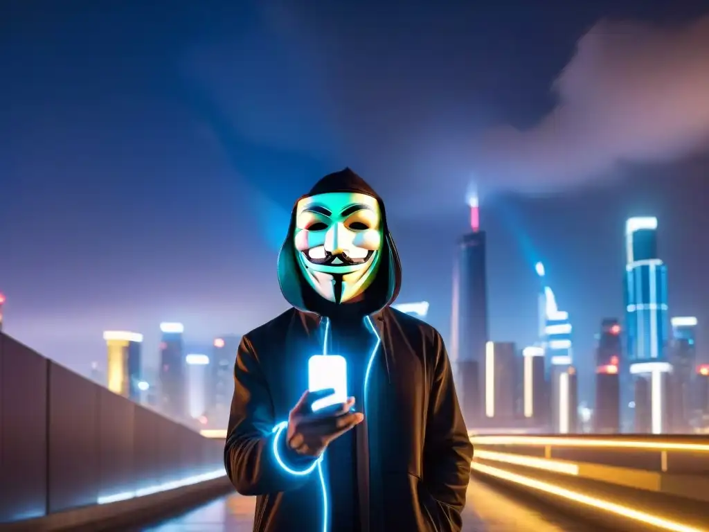 Una figura sombría con máscara de Guy Fawkes frente a ciudad futurista de noche, resistencia tecnológica en V for Vendetta