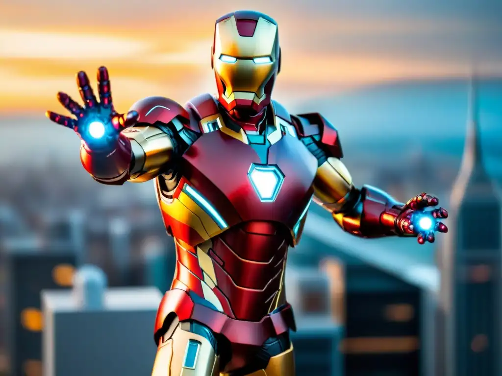 Figura de acción de Iron Man de Marvel en vuelo, con detalles metálicos y efectos de luz LED, sobre fondo urbano