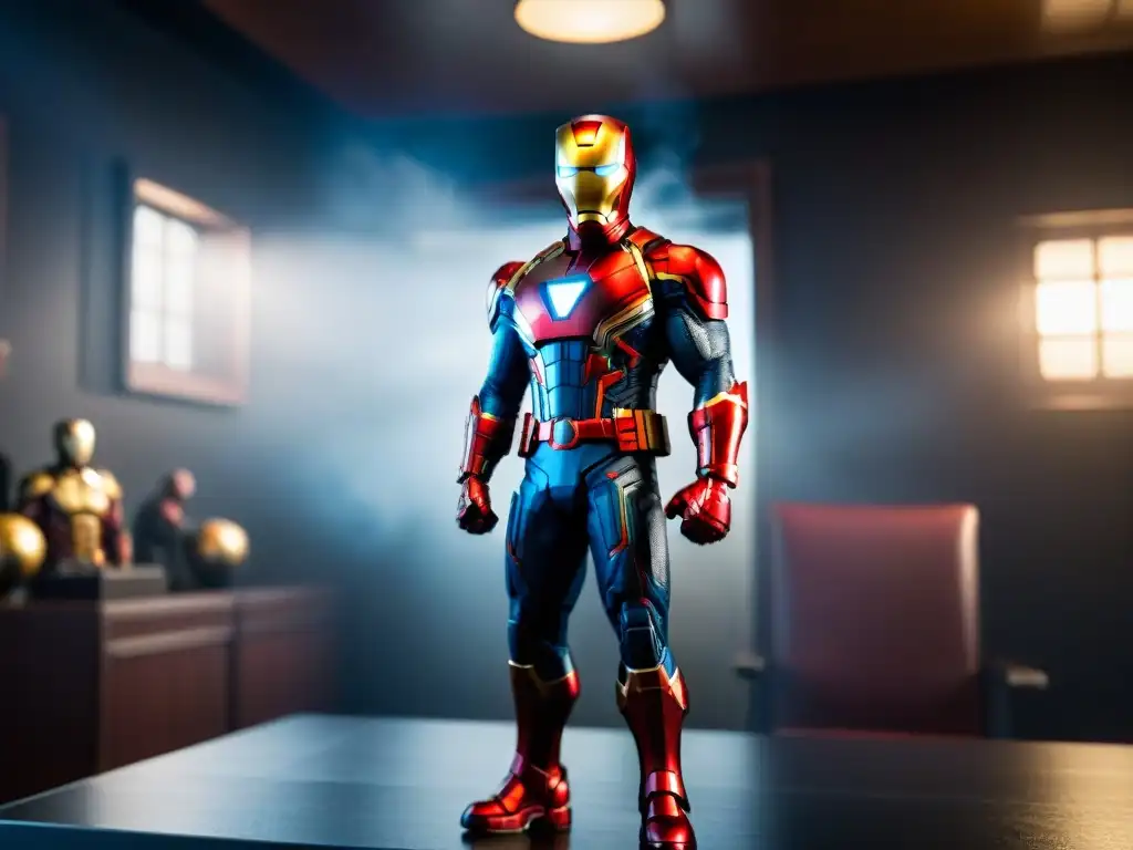 Figuras de acción de Marvel detalladas en una habitación con iluminación tenue, mostrando a Iron Man, Capitán América y SpiderMan en poses dinámicas