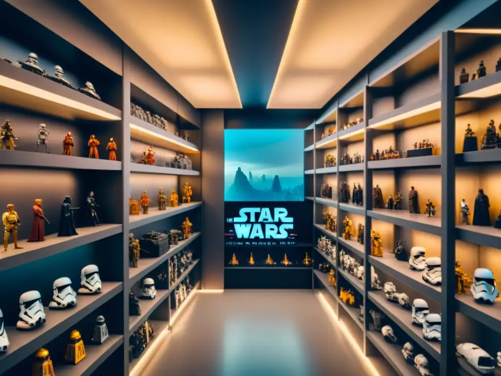 Colección de figuras de acción de Star Wars meticulosamente exhibidas en estanterías, con iluminación cinematográfica