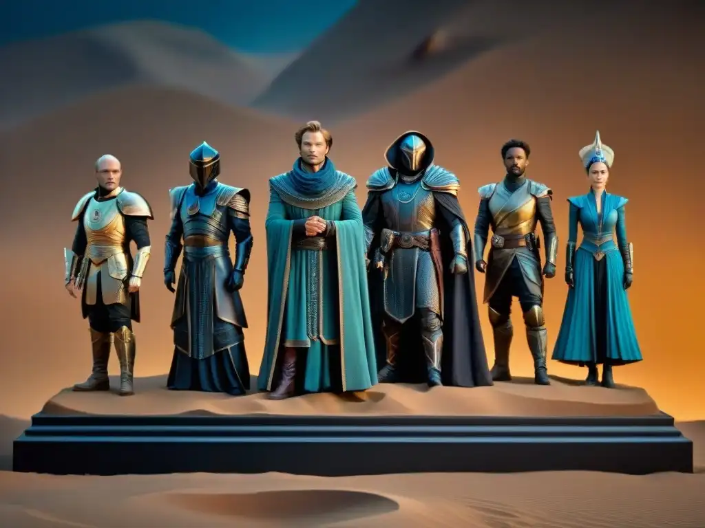 Figuras de colección Dune mitología: Exquisitas estatuillas pintadas a mano en estante negro, iluminación dramática