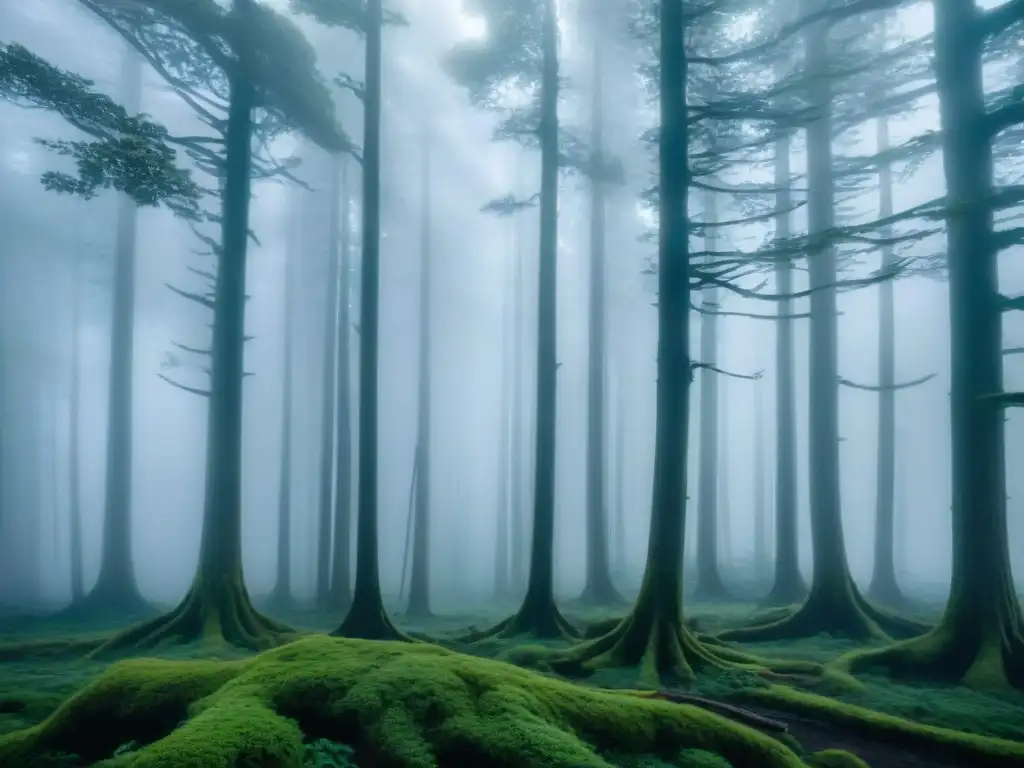 Figuras fantasmales se entrelazan entre árboles en un bosque brumoso al amanecer, evocando la resiliencia de fantasmas en narrativa