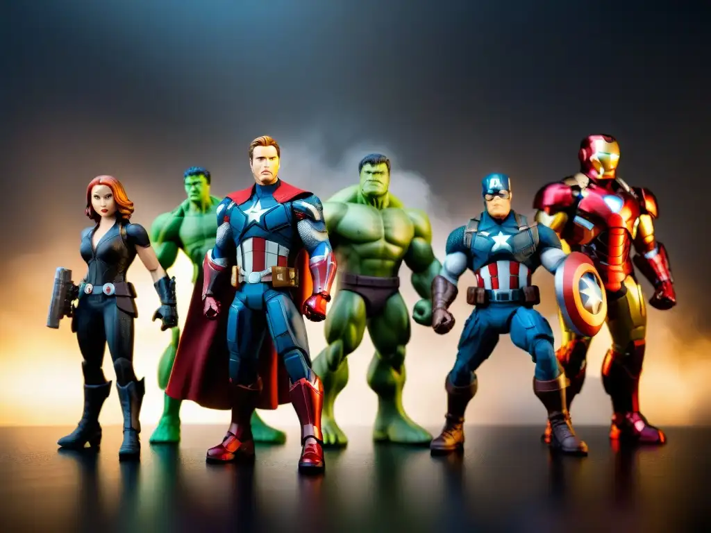 Figuras de acción de Marvel en poses dinámicas, detalladas, con trajes y armas, iluminación dramática