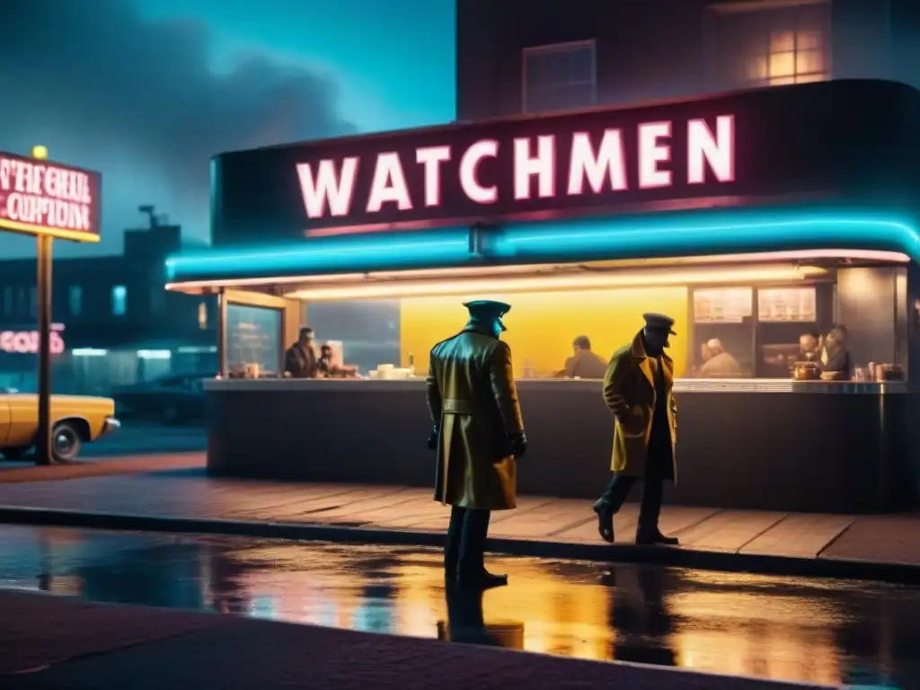 Dos figuras en silueta conversan en la oscura ciudad de 'Watchmen', iluminada por neones