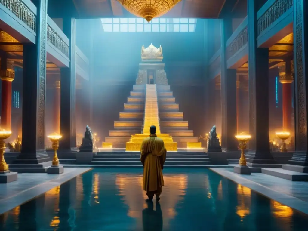 Descubre las finanzas divinas en 'American Gods' con una escena mística de templo y modernidad