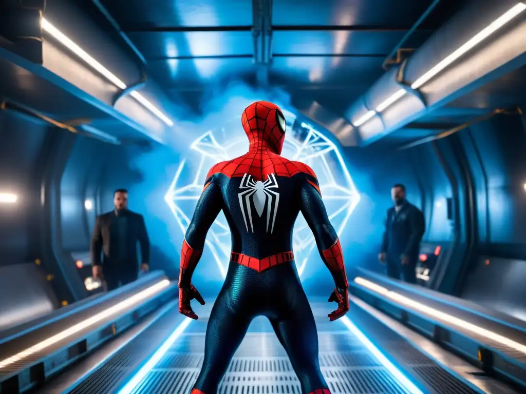 SpiderMan enfrenta una física nuclear en SpiderMan 2, rodeado de energía azul y blanca, luchando contra un reactor brillante a punto de fisionarse