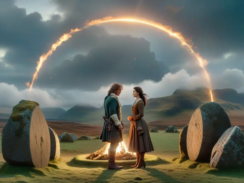 Claire y Jamie Fraser en un círculo de piedras, conectados en un emotivo momento de 'Viajes en el tiempo en Outlander'