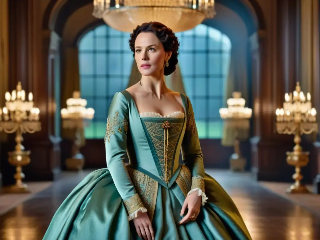 Claire Fraser en deslumbrante vestido del siglo XVIII, reflejando la fidelidad histórica y el diseño vestuario de Outlander