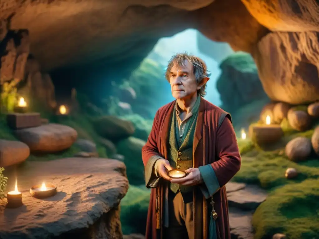 Bilbo Baggins frente a la entrada de una cueva mística, sosteniendo el Anillo Único, rodeado de simbolismo mitológico en El Hobbit