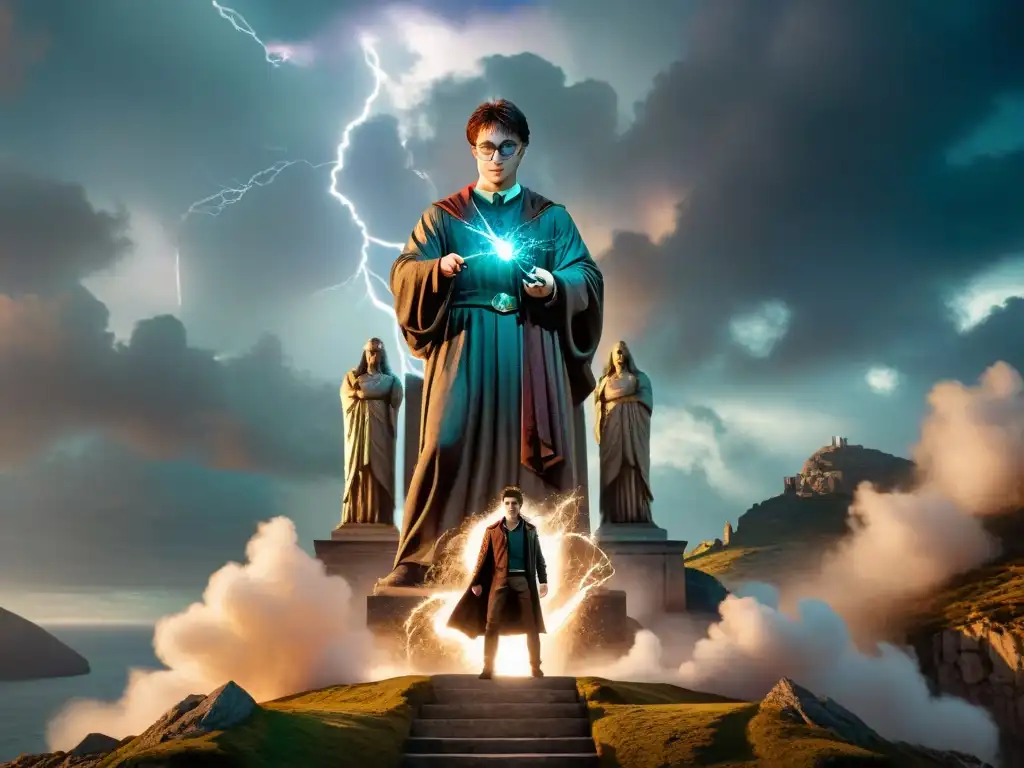 Harry Potter frente a estatua de dios griego, con rayos