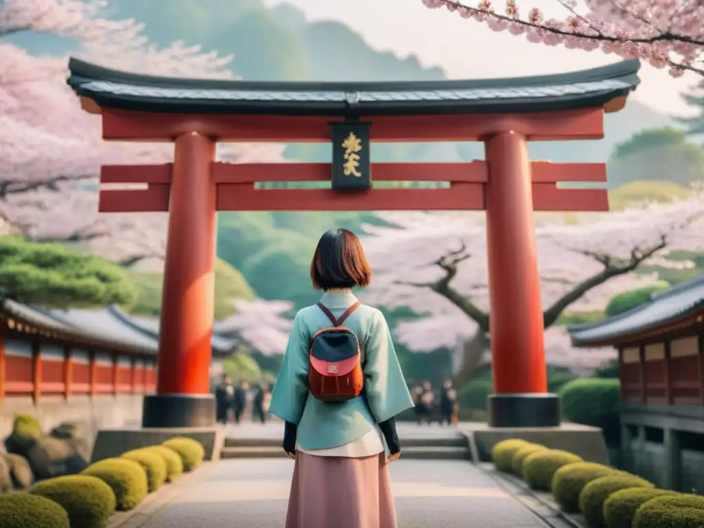 Chihiro, con determinación, frente al majestuoso Torii rojo y la naturaleza exuberante, refleja las raíces culturales Shinto en Chihiro