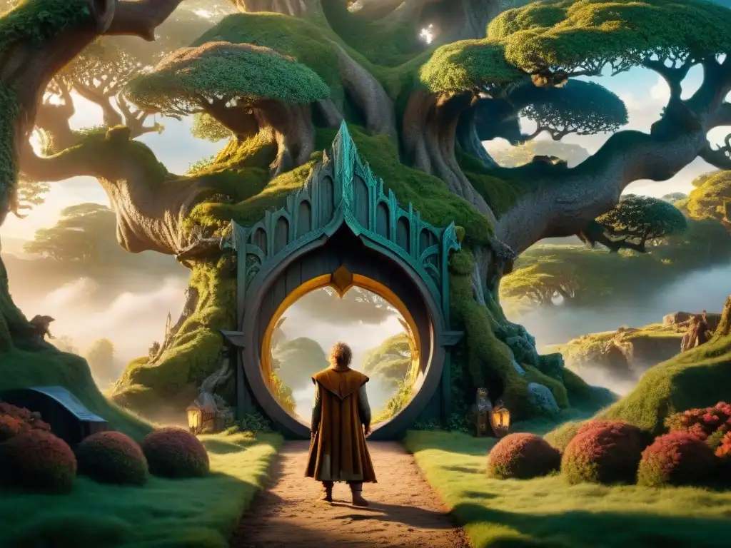 Bilbo Baggins frente a un portal místico, rodeado de árboles antiguos y una luz etérea