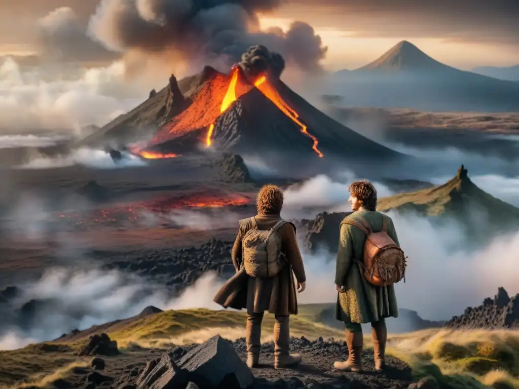 Sam y Frodo en Mount Doom, expresiones de determinación y amistad en Middle-earth