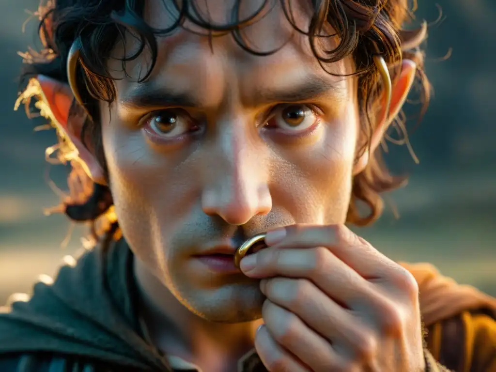 Frodo Baggins sostiene el Anillo Único con determinación y tormento, destacando la corrupción del anillo en análisis