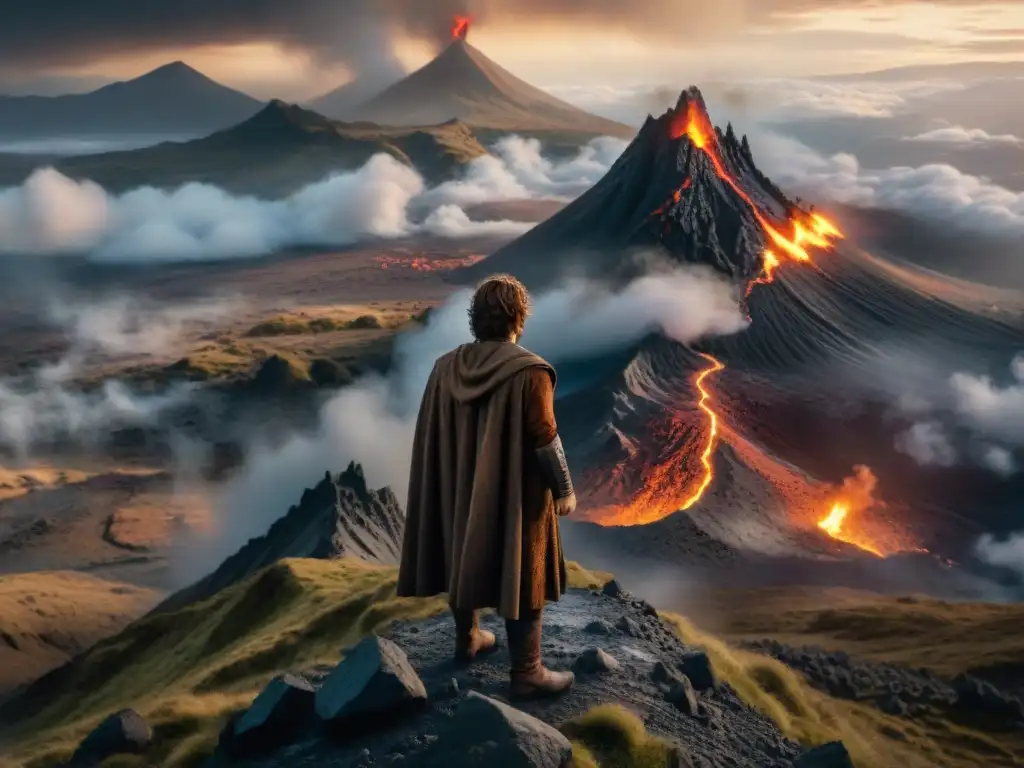 Frodo y Sam en el borde de Monte del Destino en Mordor, ilustrando Lecciones de amistad en Middle-earth