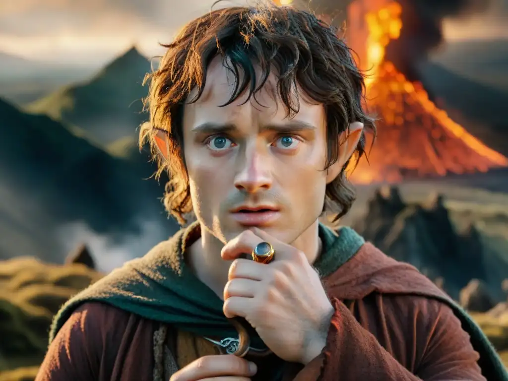 Frodo Baggins en el Monte del Destino con la corrupción del anillo en análisis