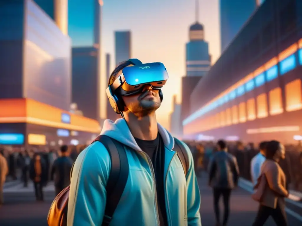 Futurista ciudad llena de elementos de realidad aumentada al atardecer, con un gran casco de realidad virtual en el cielo