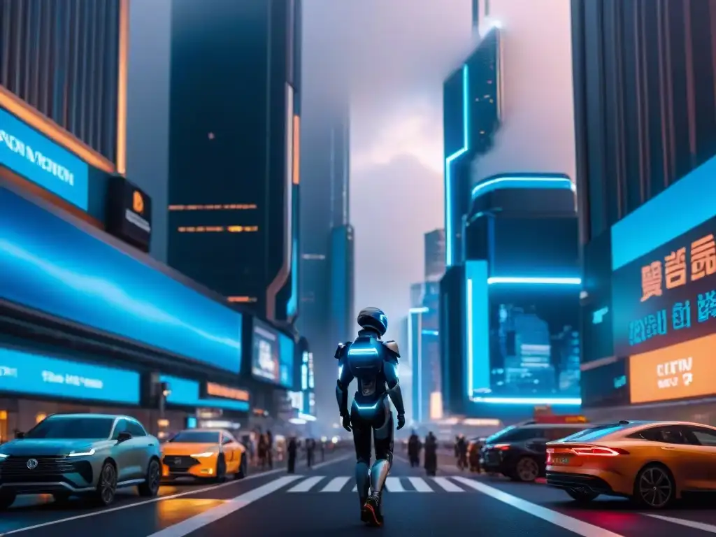 Futurista ciudad nocturna con IA impactando la sociedad futura