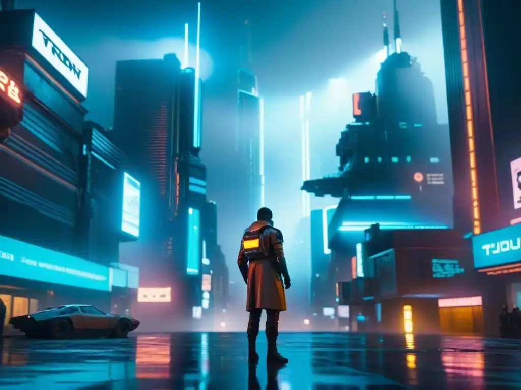 Futurista ciudad nocturna inspirada en el legado estética Blade Runner: rascacielos, anuncios holográficos y lluvia perpetua