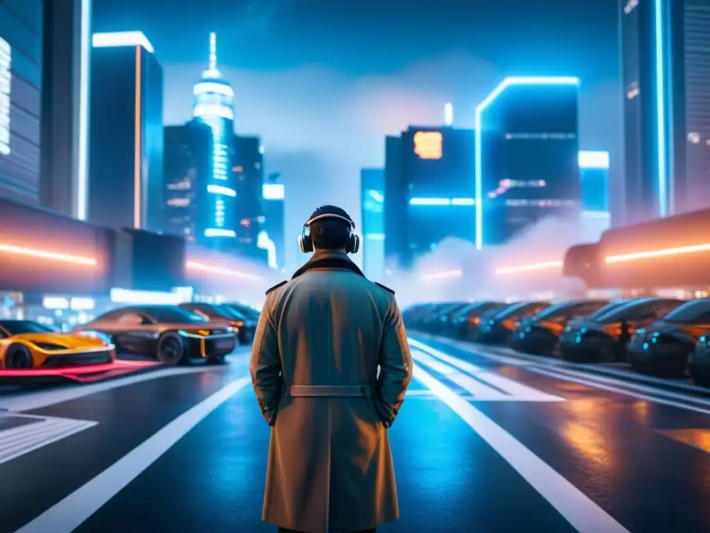 Futurista ciudad nocturna, luces neón, tecnología avanzada y vigilancia al estilo 'Minority Report'