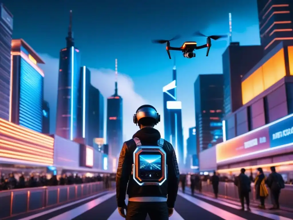 Futurista ciudad nocturna con rascacielos iluminados y drones, evocando Utopía y Distopía en Black Mirror