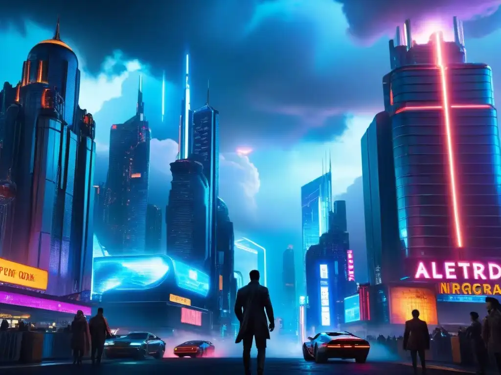 Futurista ciudad nocturna de 'Altered Carbon', con rascacielos iluminados y vehículos voladores, reflejando la tecnología de resurrección