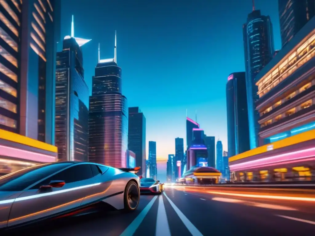 Metrópolis futurista: luces neón y autos voladores en la noche Futurista ciudad nocturna con rascacielos iluminados por luces de neón, autos voladores y la esencia de 'Tecnología integrada en el ser'