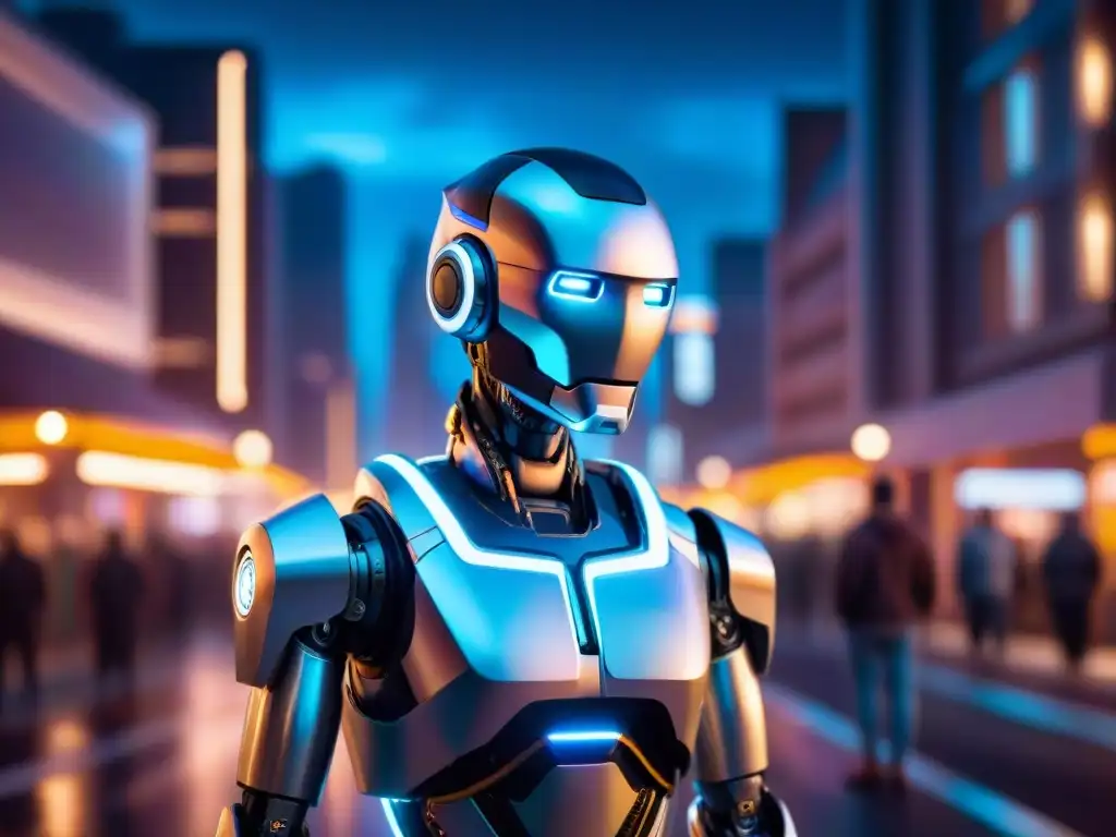 Metrópolis futurista: robot urbano bajo luces neón En la futurista ciudad nocturna, un robot reflexiona bajo luces neón