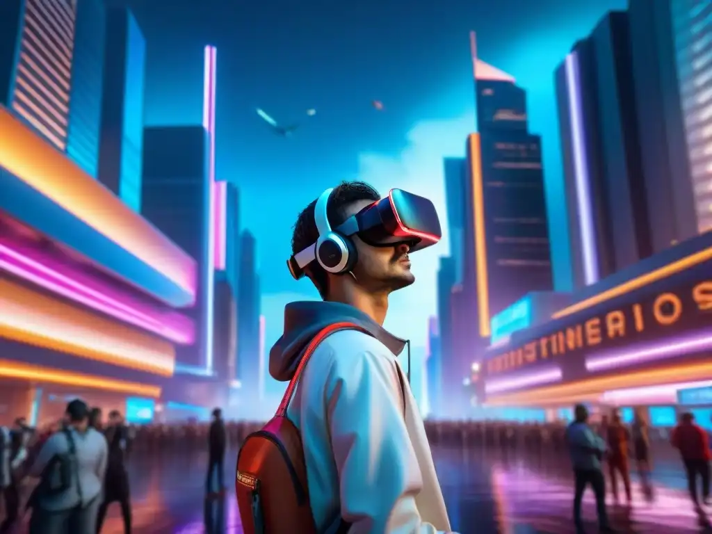 Futurista ciudad con rascacielos, autos voladores y un visor de realidad virtual mostrando universos ficticios