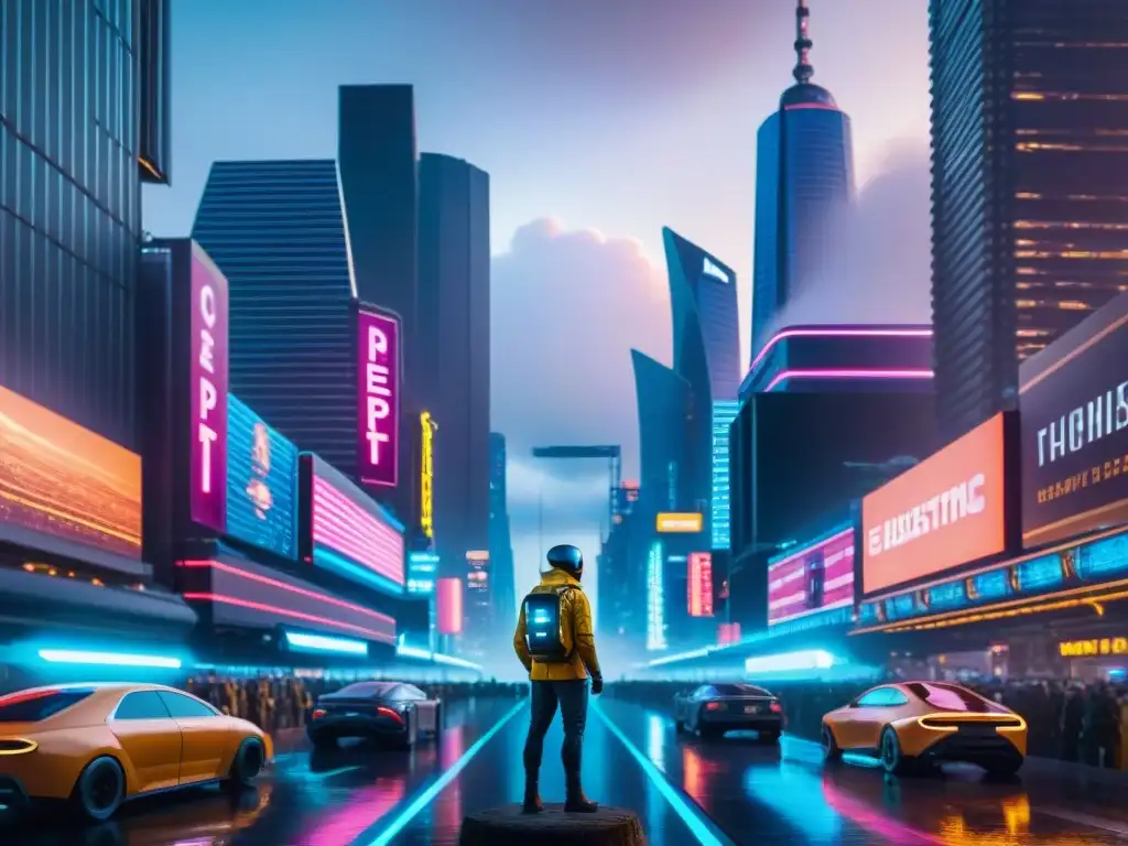 Metrópolis futurista: luces neón y vida alienígena en la ciudad Futurista ciudad con rascacielos brillantes y seres alienígenas, creando un ambiente vibrante