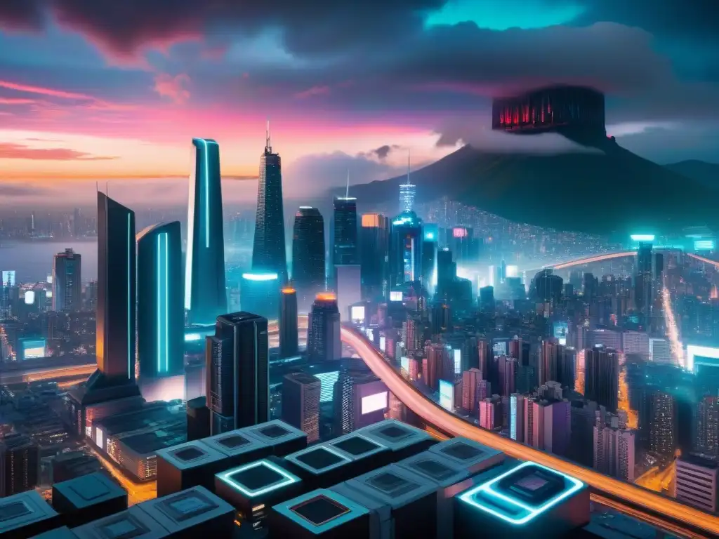 Futurista ciudad con rascacielos iluminados y autos voladores, evocando la complejidad de la tecnología y la humanidad