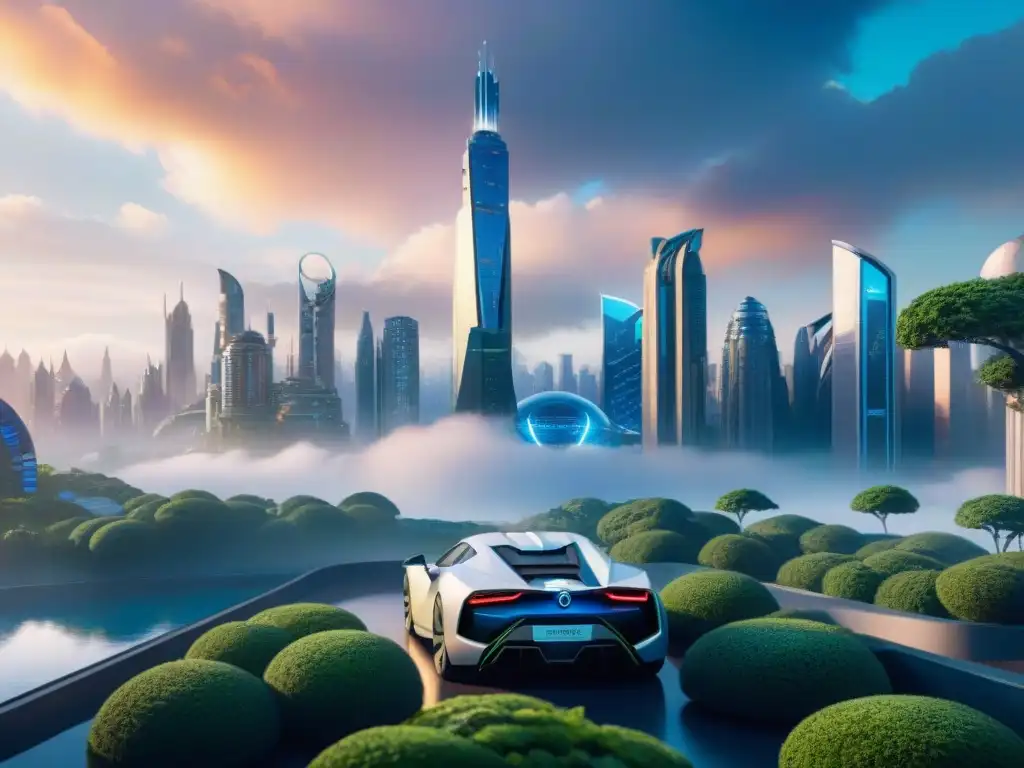 Futurista ciudad utópica con tecnología integrada en arquitectura, autos voladores y naturaleza, reflejando la 'tecnología en utopías ficticias'